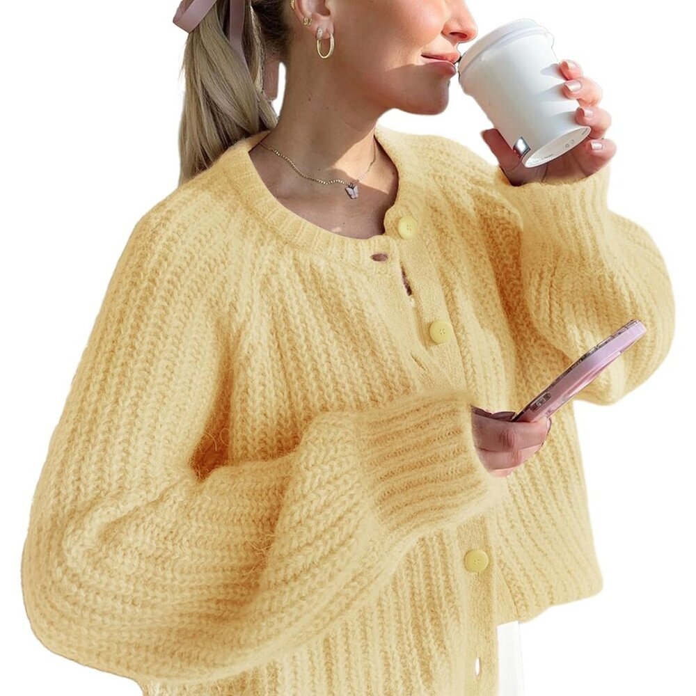 Womens Cardigan Sweater Chunky Knitted Crew Neck Long Sleeve Button Down Jackets